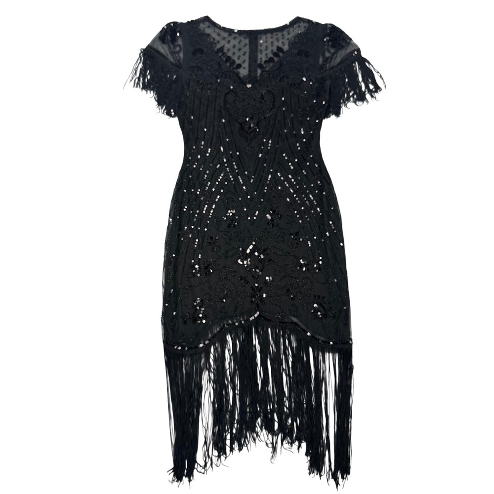 Black Beaded Sequin Flapper Dress Fringe Gatsby 1920s Style Party Cocktail M